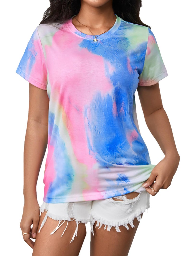 Verdusa Women's Short Sleeve Crewneck Tie Dye Tee Shirt Top Multicolor M - Image 1